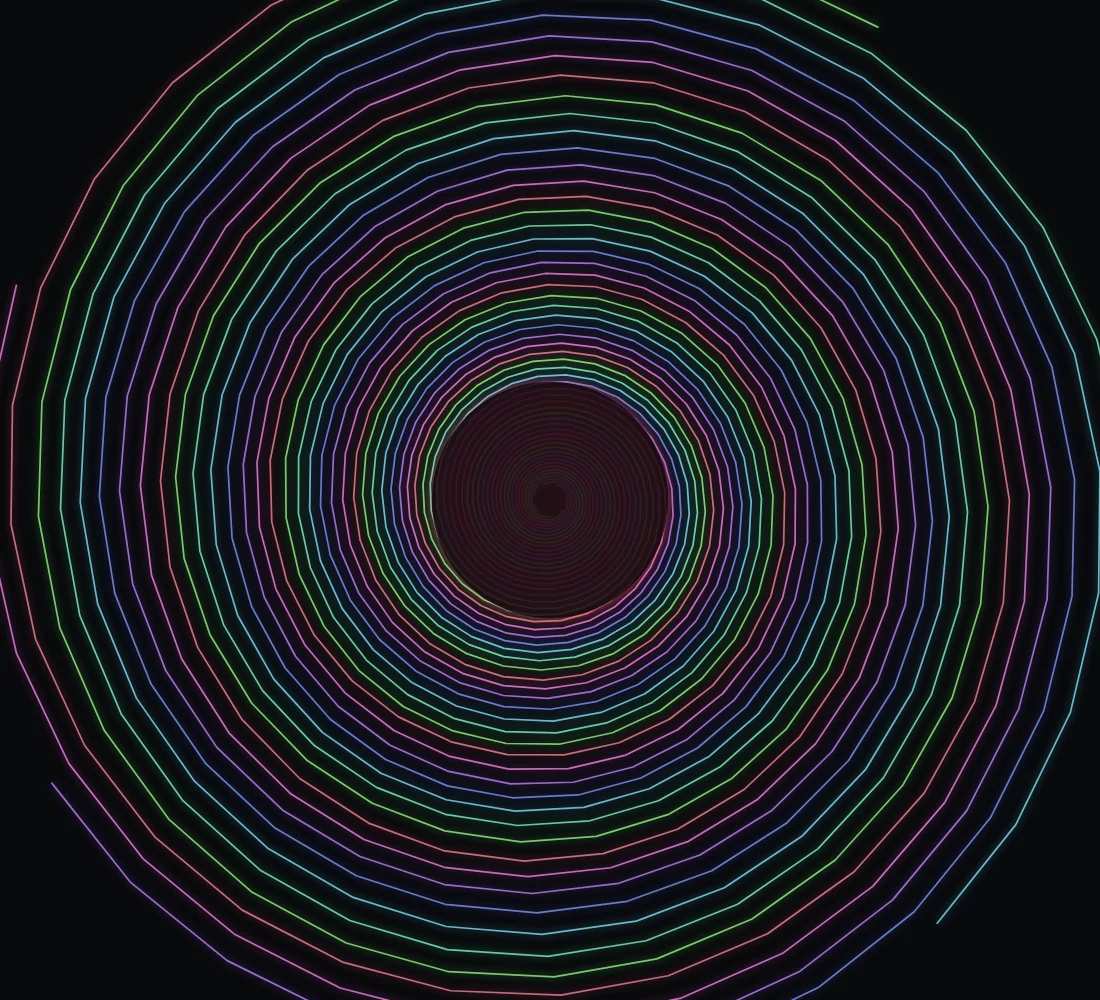 Fine lines of rose, violet, blue and green spiral into a dark center. A still rendered by the site's spiral instrument.